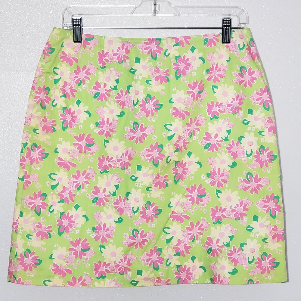 Lilly Pulitzer Pencil Skirt Green‎ Pink Floral Rhino Cotton